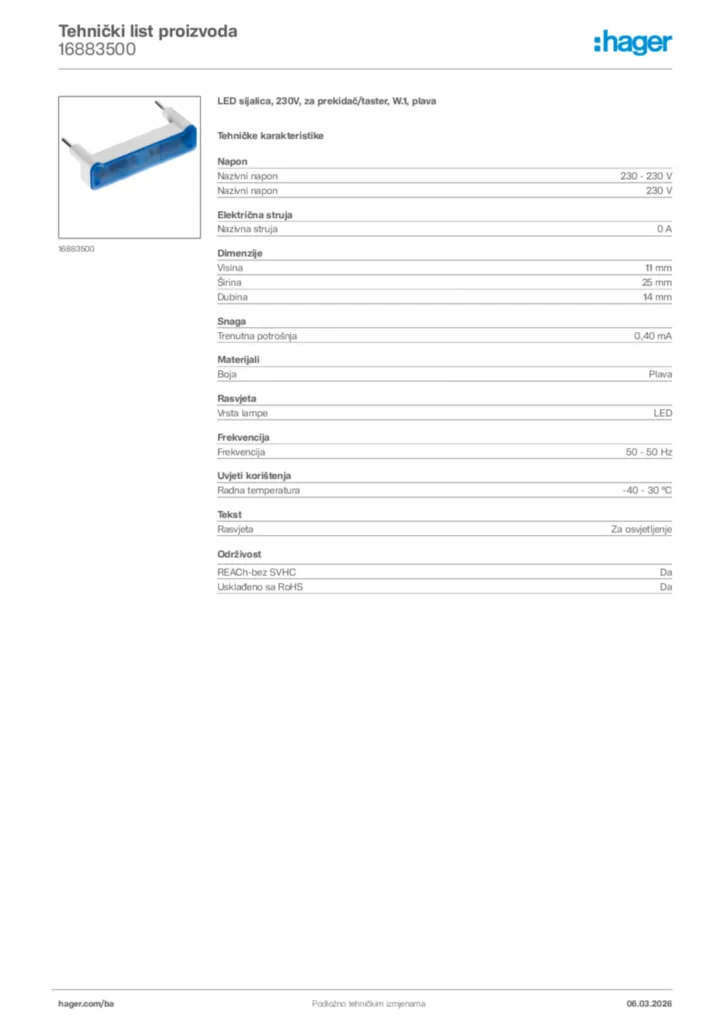 Slika Hager Tehnički list proizvoda 16883500  | Hager