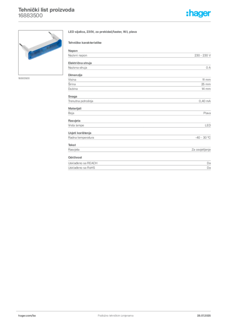 Slika Hager Product data sheet 16883500  | Hager