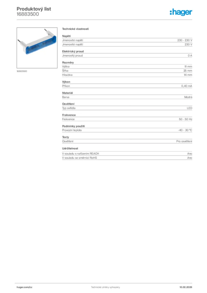 Obrázek Hager Product data sheet 16883500 | Hager