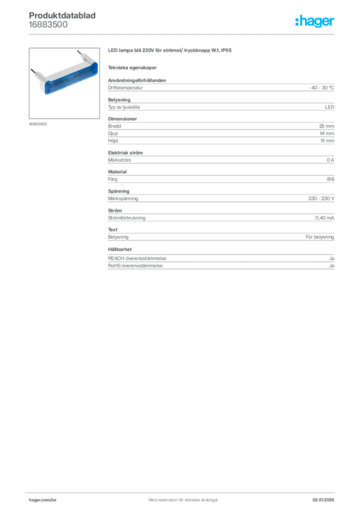 Bild Hager Produktdatablad 16883500 | Hager Sverige