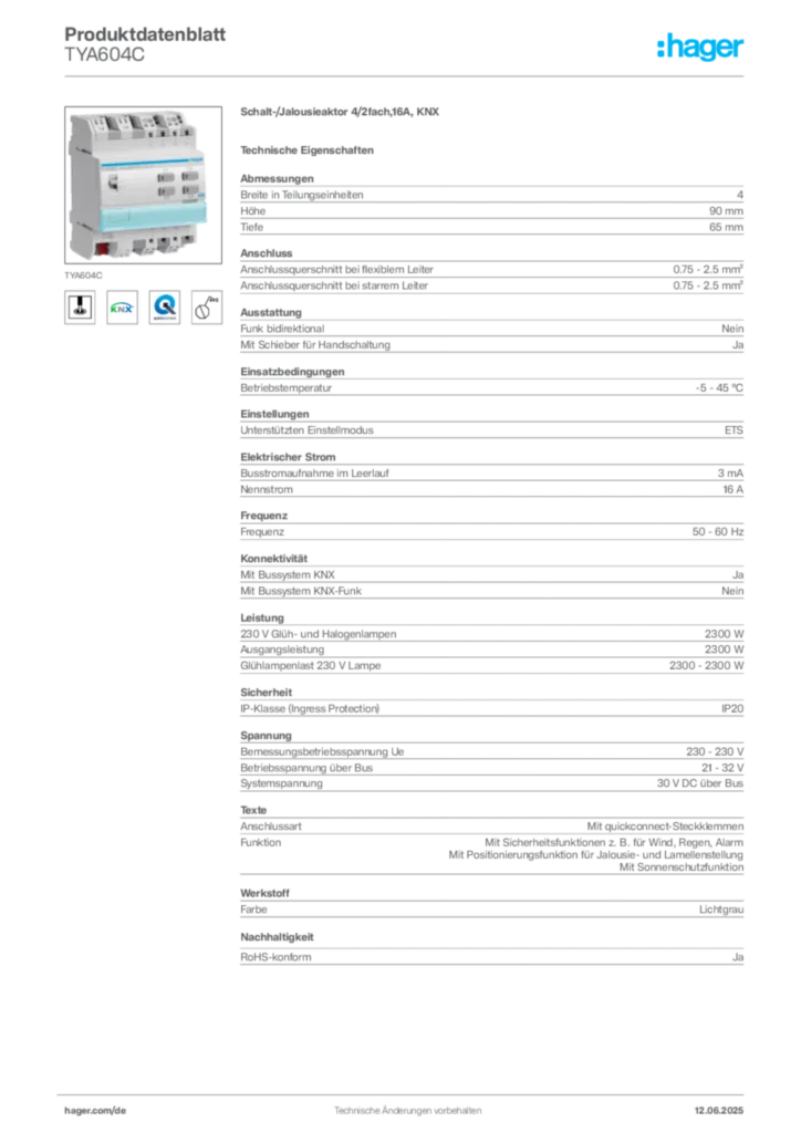 Hager Produktdatenblatt TYA604C