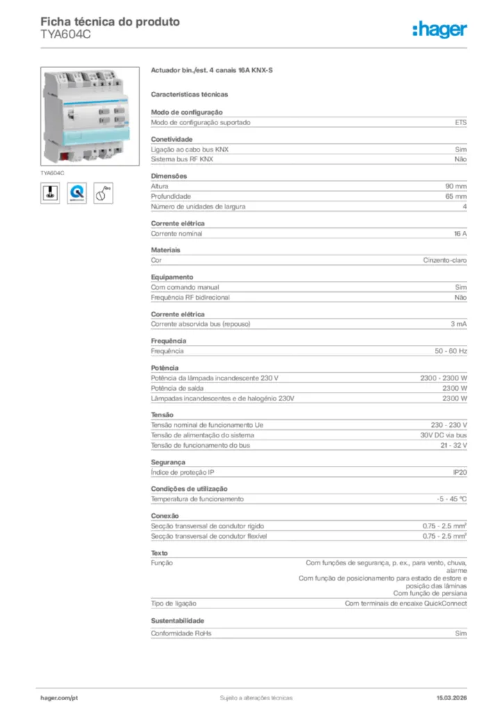 Imagem Hager Ficha técnica do produto TYA604C | Hager Portugal