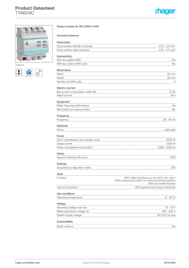 Image Hager Product data sheet TYA604C  | Hager