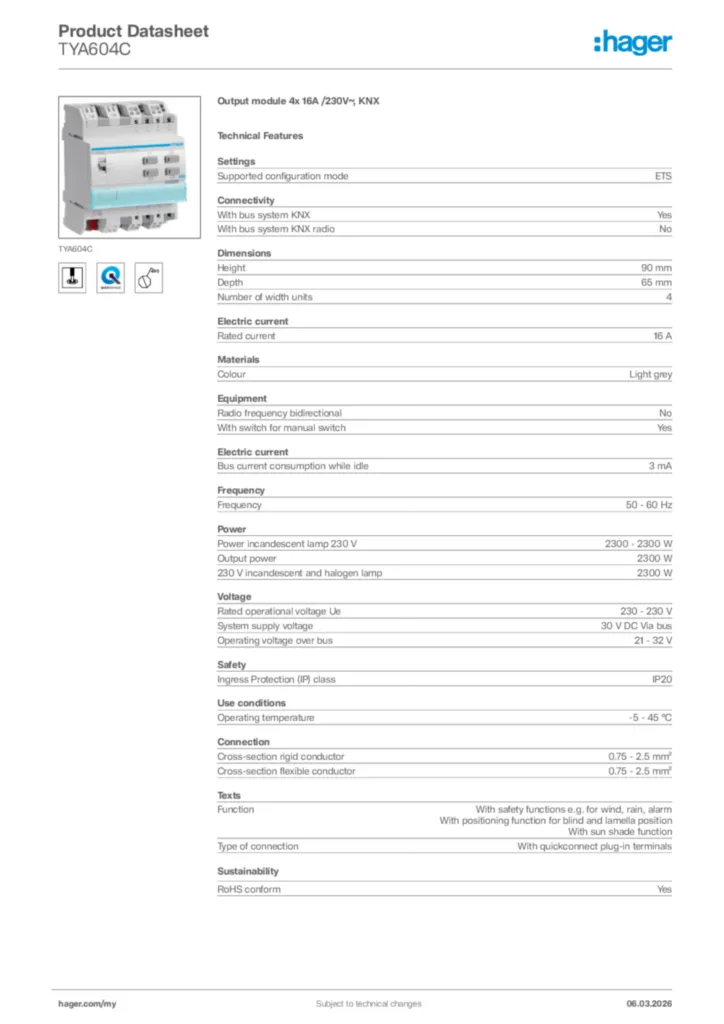 Image Hager Product data sheet TYA604C  | Hager