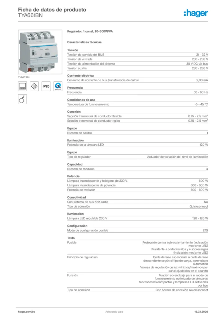 Imagen Hager Ficha de datos de producto TYA661BN | Hager España