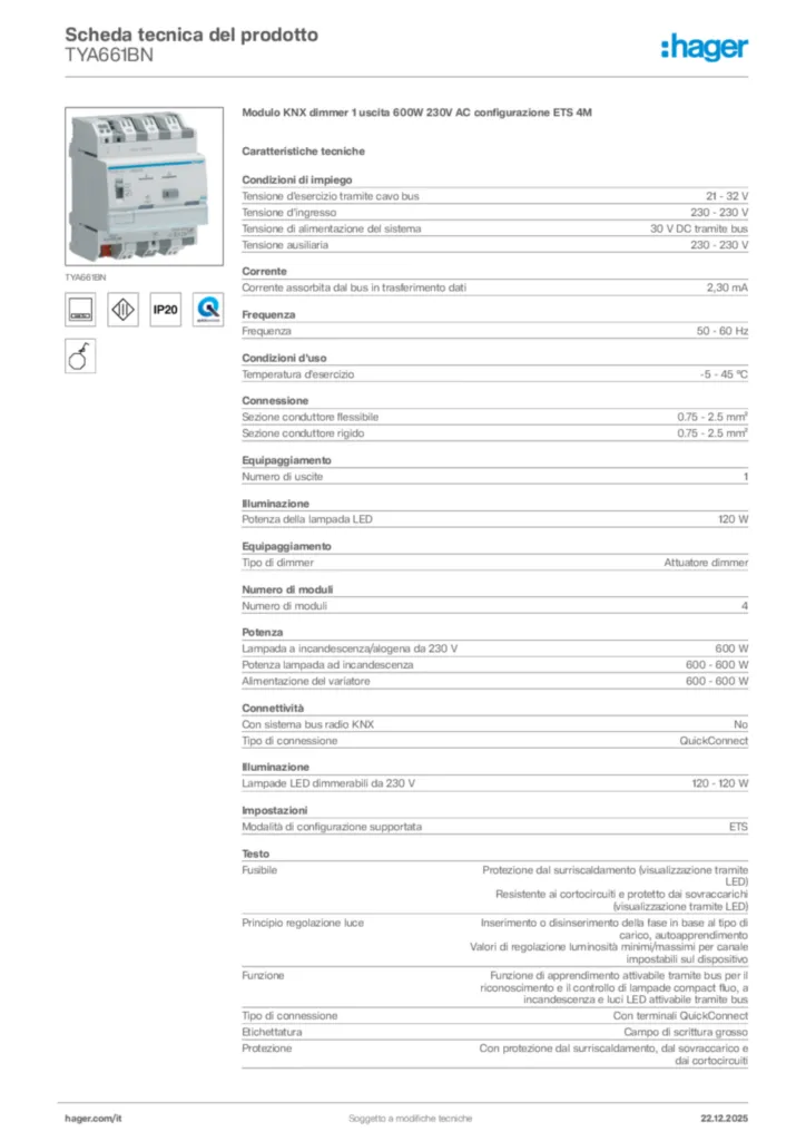 Immagine Hager Scheda tecnica del prodotto TYA661BN | Hager Italia