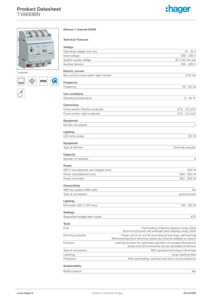 Image Hager Product data sheet TYA661BN  | Hager