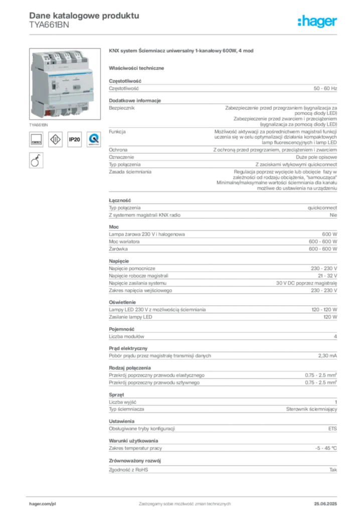 Zdjęcie Hager Dane katalogowe produktu TYA661BN | Hager Polska