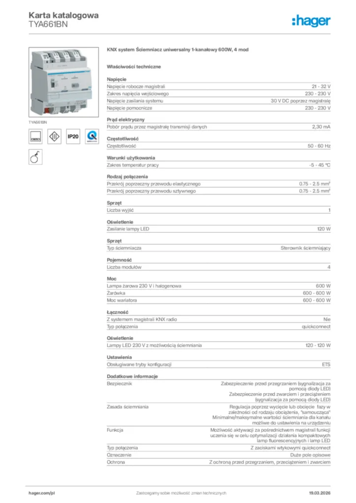 Zdjęcie Hager Karta katalogowa TYA661BN | Hager Polska