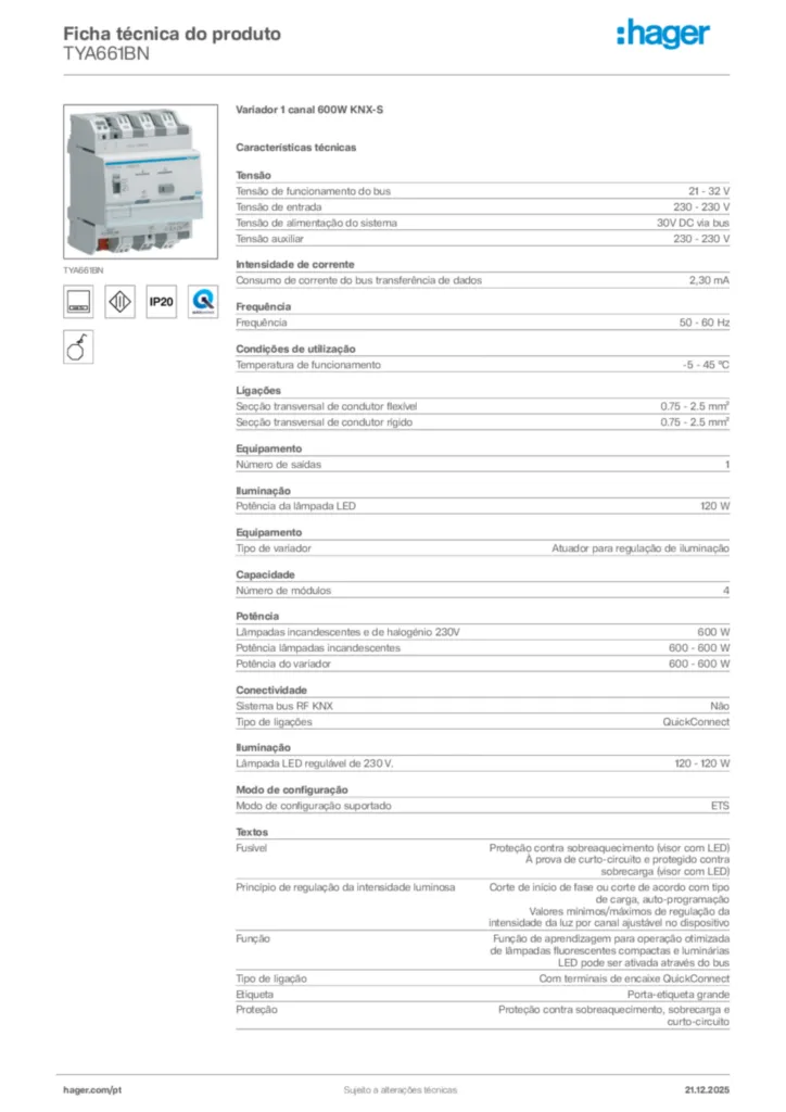 Imagem Hager Ficha técnica do produto TYA661BN | Hager Portugal