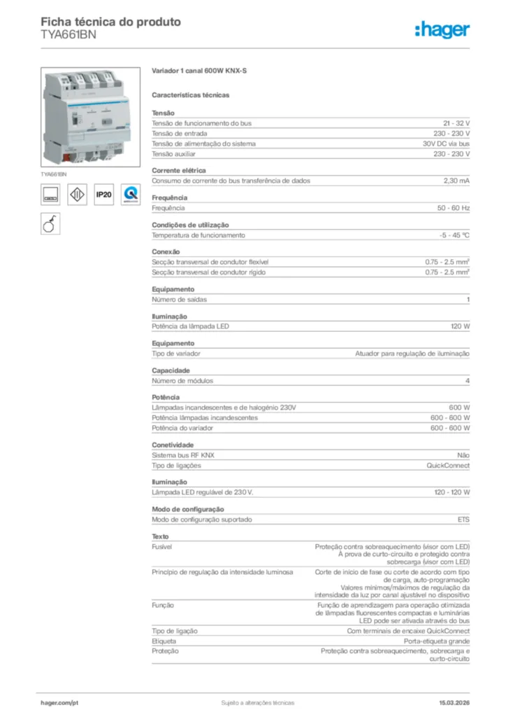 Imagem Hager Ficha técnica do produto TYA661BN | Hager Portugal