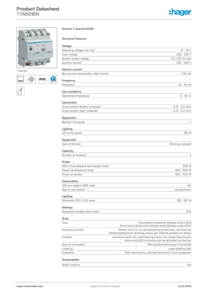 Image Hager Product data sheet TYA661BN  | Hager