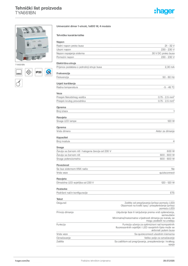 Slika Hager Product data sheet TYA661BN  | Hager