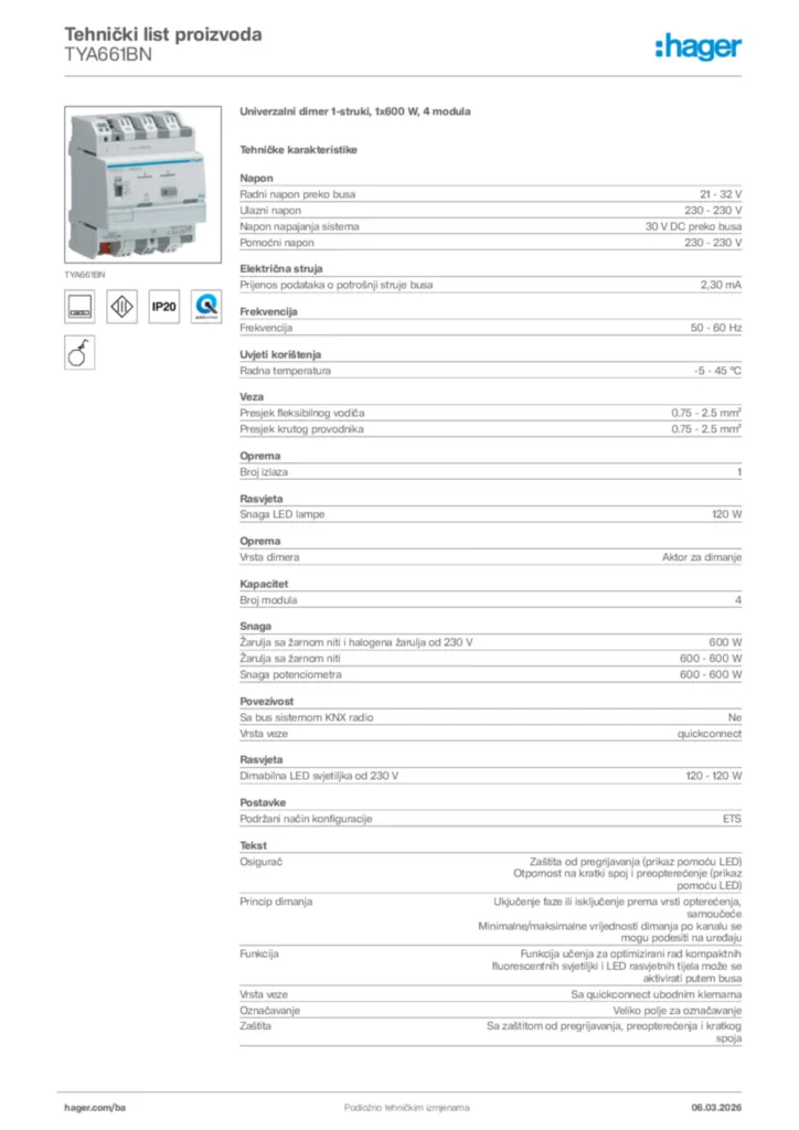 Slika Hager Tehnički list proizvoda TYA661BN  | Hager