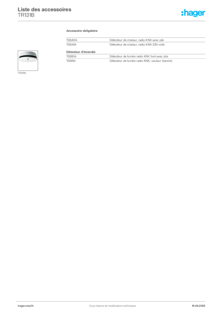 Image Hager Fiche technique du produit TR131B | Hager France