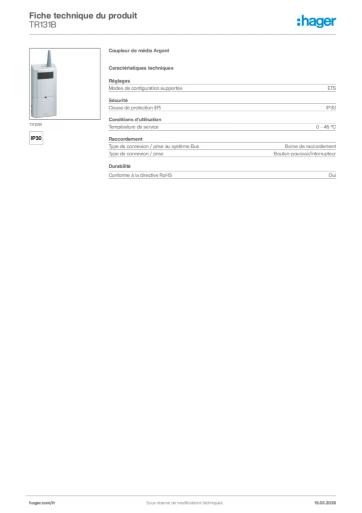 Image Hager Fiche technique du produit TR131B | Hager France