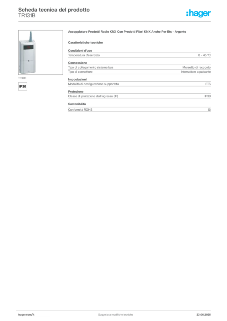 Immagine Hager Scheda tecnica del prodotto TR131B | Hager Italia