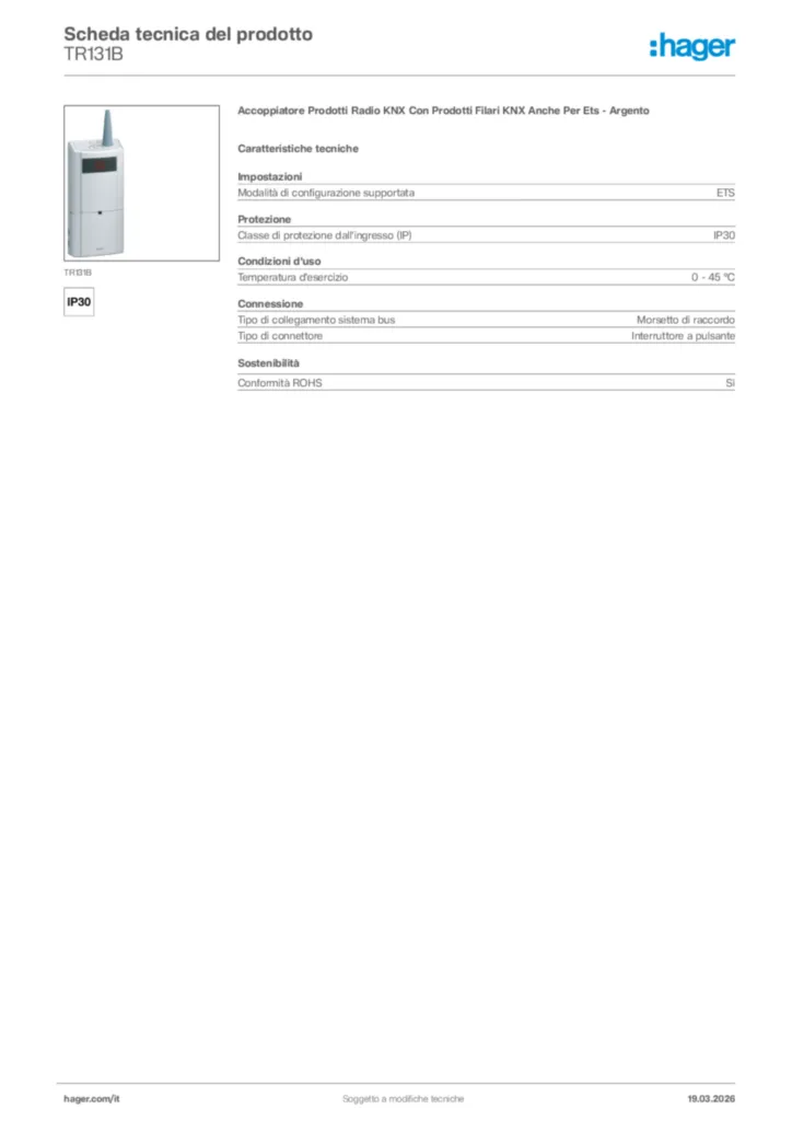 Immagine Hager Scheda tecnica del prodotto TR131B | Hager Italia
