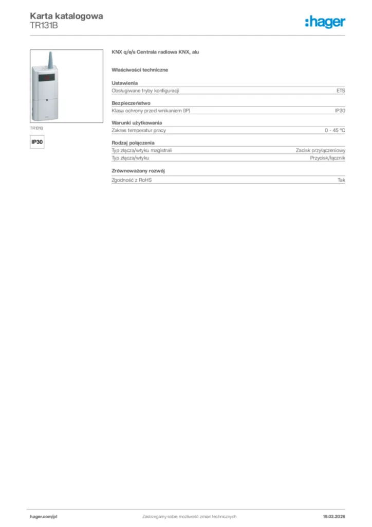 Zdjęcie Hager Karta katalogowa TR131B | Hager Polska