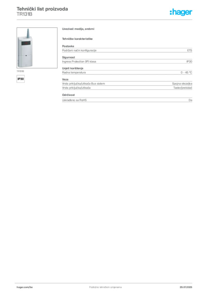 Slika Hager Product data sheet TR131B  | Hager