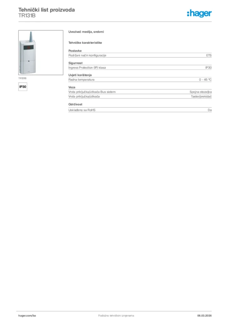 Slika Hager Tehnički list proizvoda TR131B  | Hager