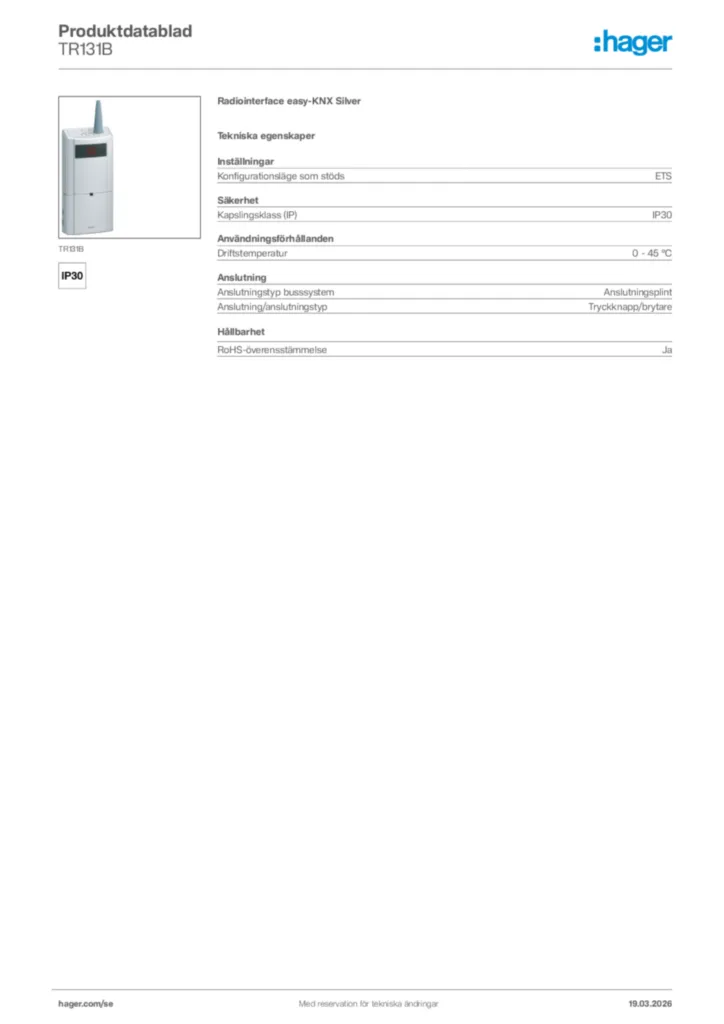 Bild Hager Produktdatablad TR131B | Hager Sverige