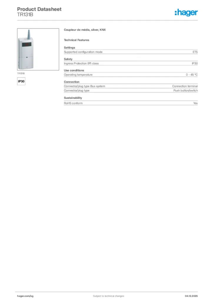 Image Hager Product data sheet TR131B  | Hager