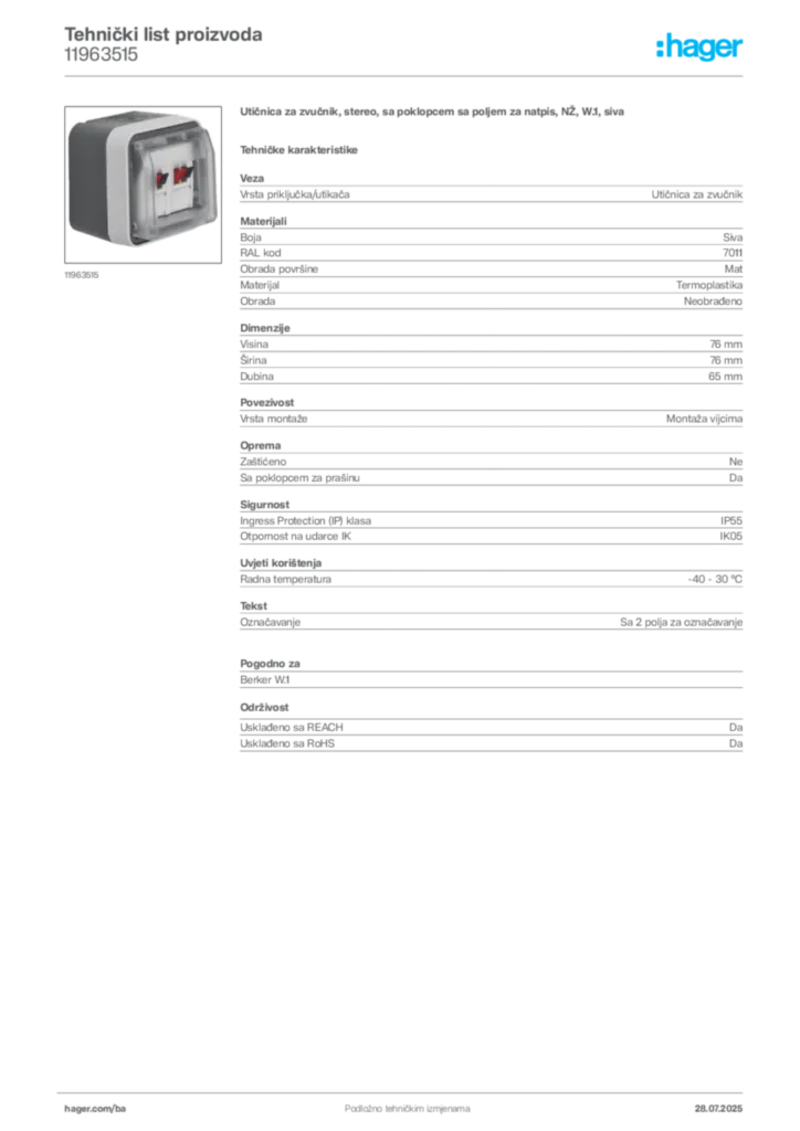 Slika Hager Product data sheet 11963515  | Hager