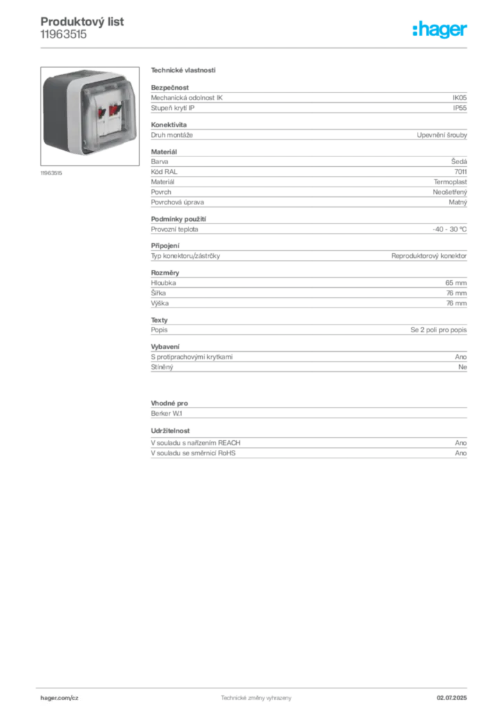 Obrázek Hager Produktový list 11963515 | Hager