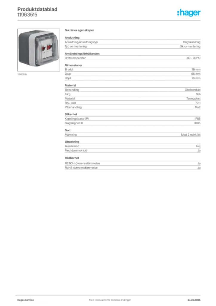 Bild Hager Produktdatablad 11963515 | Hager Sverige