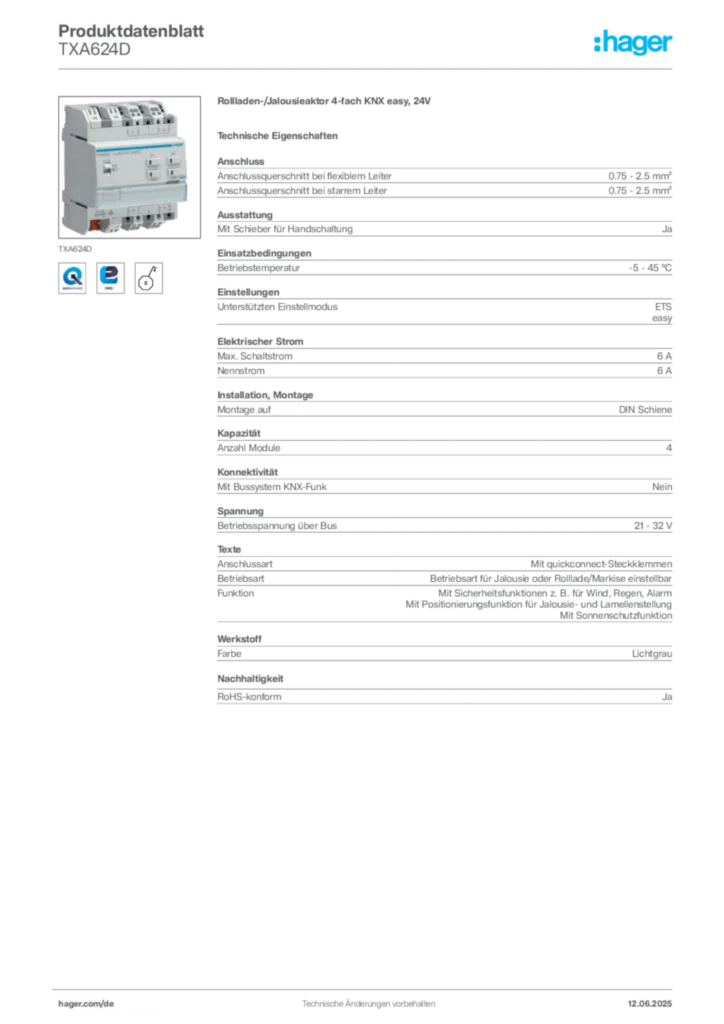 Hager Produktdatenblatt TXA624D