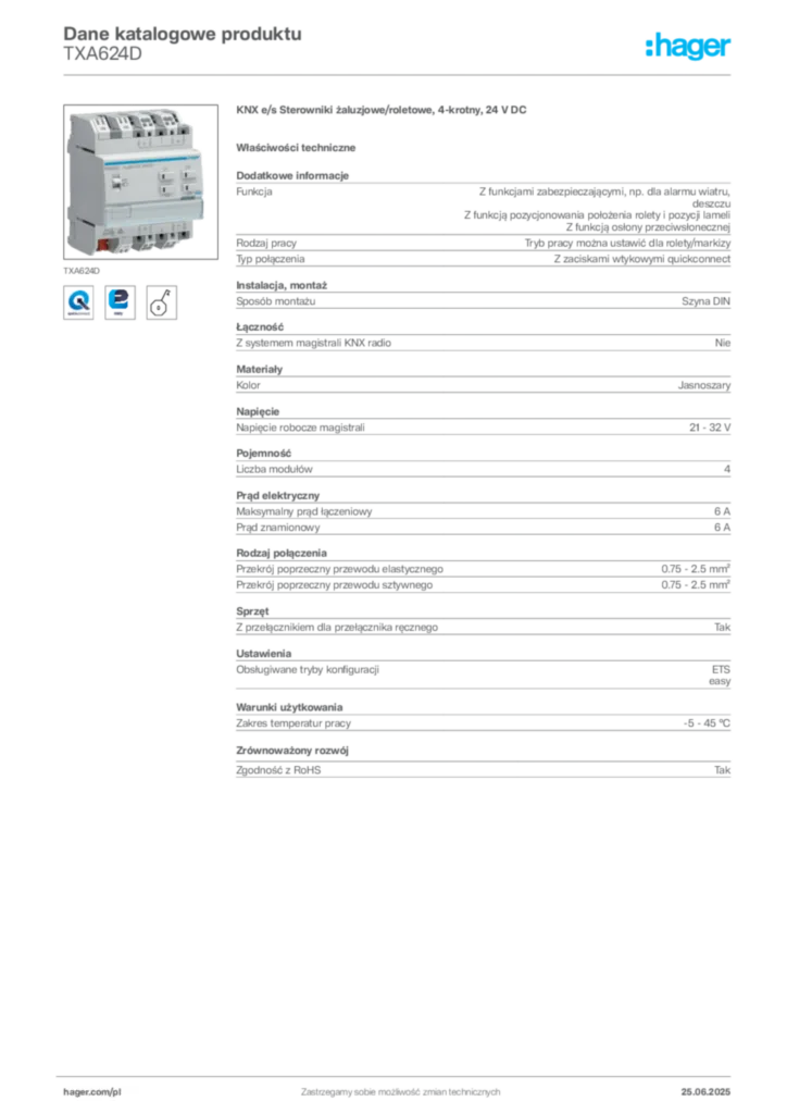 Zdjęcie Hager Dane katalogowe produktu TXA624D | Hager Polska