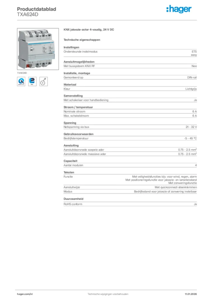 Afbeelding Hager Productdatablad TXA624D | Hager Nederland