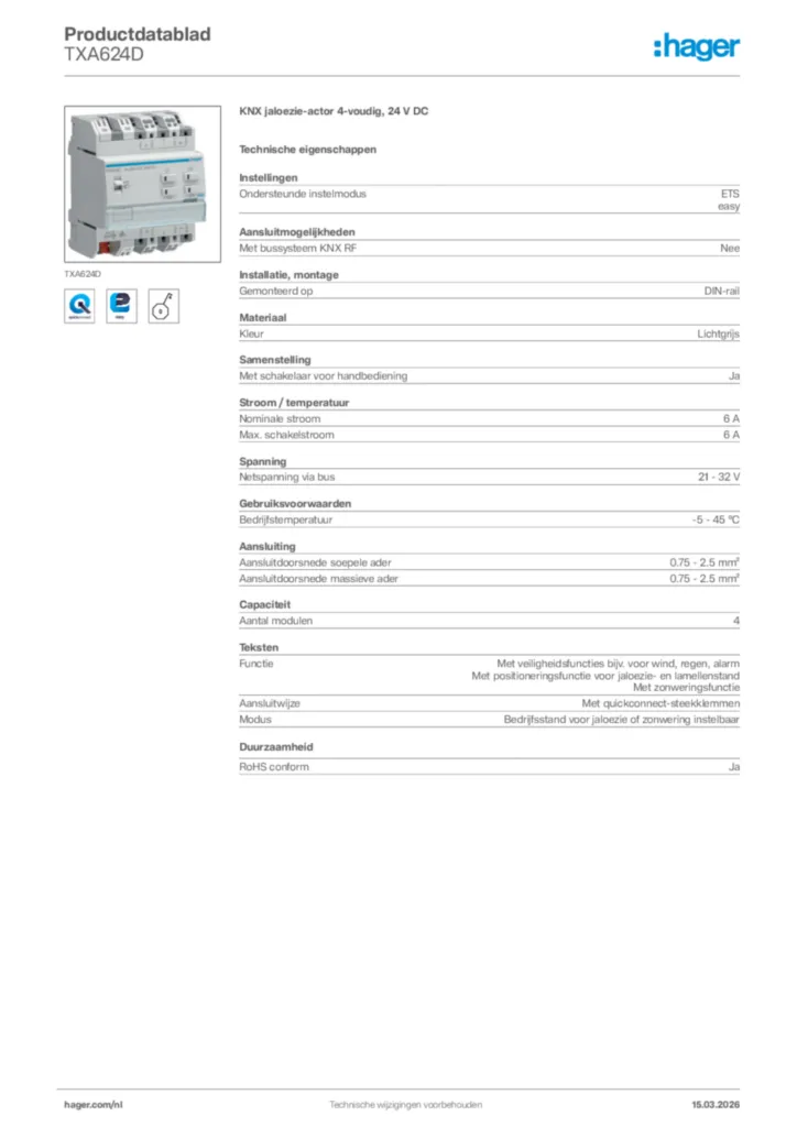 Afbeelding Hager Productdatablad TXA624D | Hager Nederland