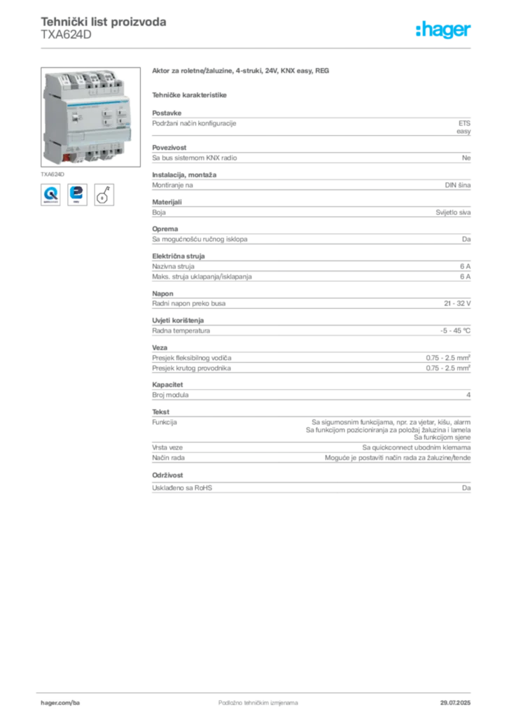 Slika Hager Product data sheet TXA624D  | Hager