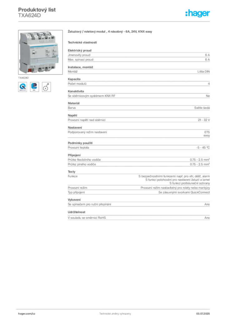 Obrázek Hager Produktový list TXA624D | Hager