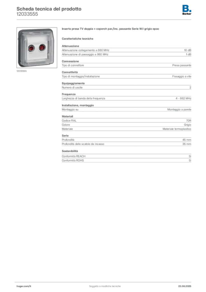 Immagine Berker Scheda tecnica del prodotto 12033555 | Hager Italia