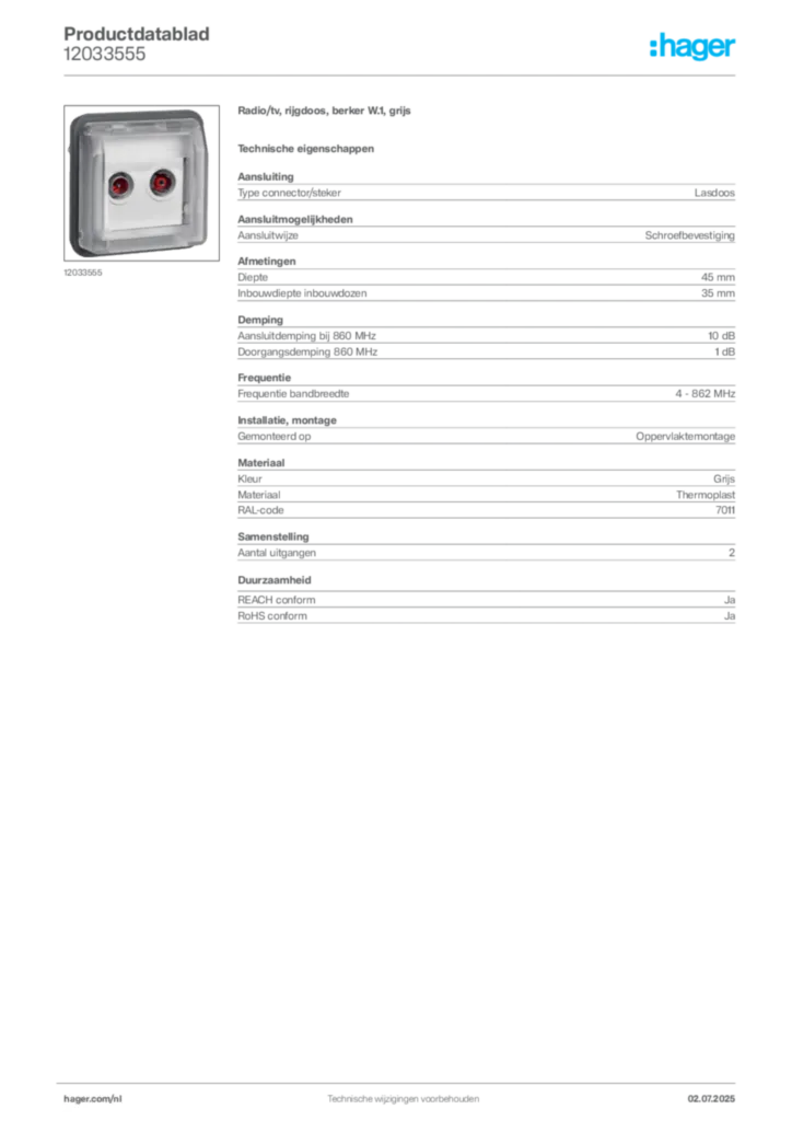 Afbeelding Hager Productdatablad 12033555 | Hager Nederland