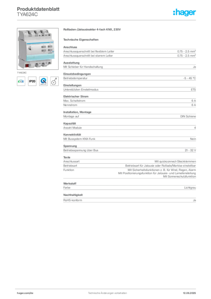 Hager Produktdatenblatt TYA624C