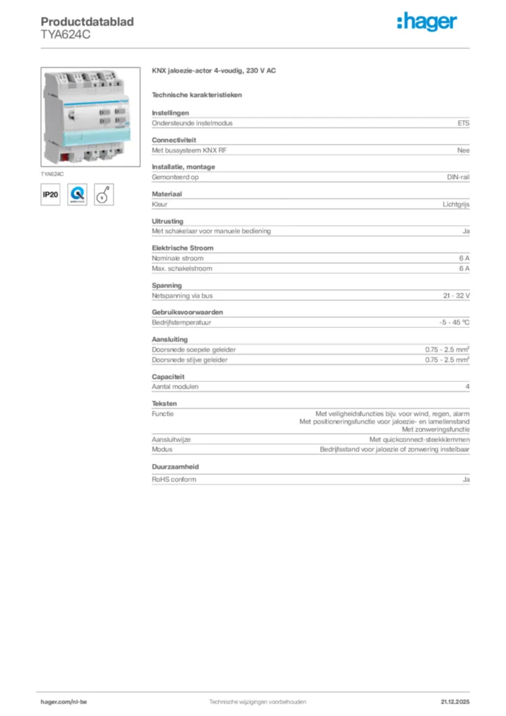 Afbeelding Hager Productdatablad TYA624C | Hager Belgium