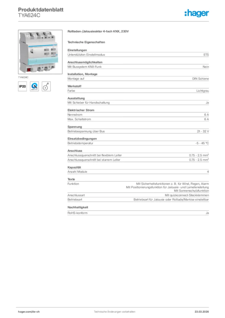 Bild Hager Produktdatenblatt TYA624C | Hager Schweiz