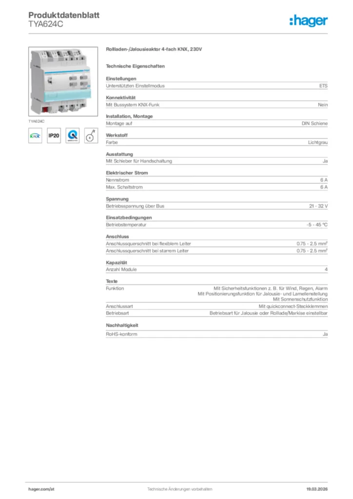 Bild Hager Produktdatenblatt TYA624C | Hager Deutschland