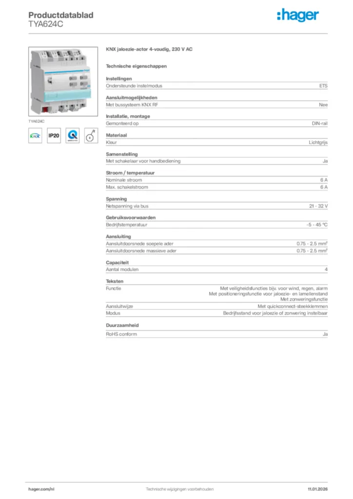 Afbeelding Hager Productdatablad TYA624C | Hager Nederland