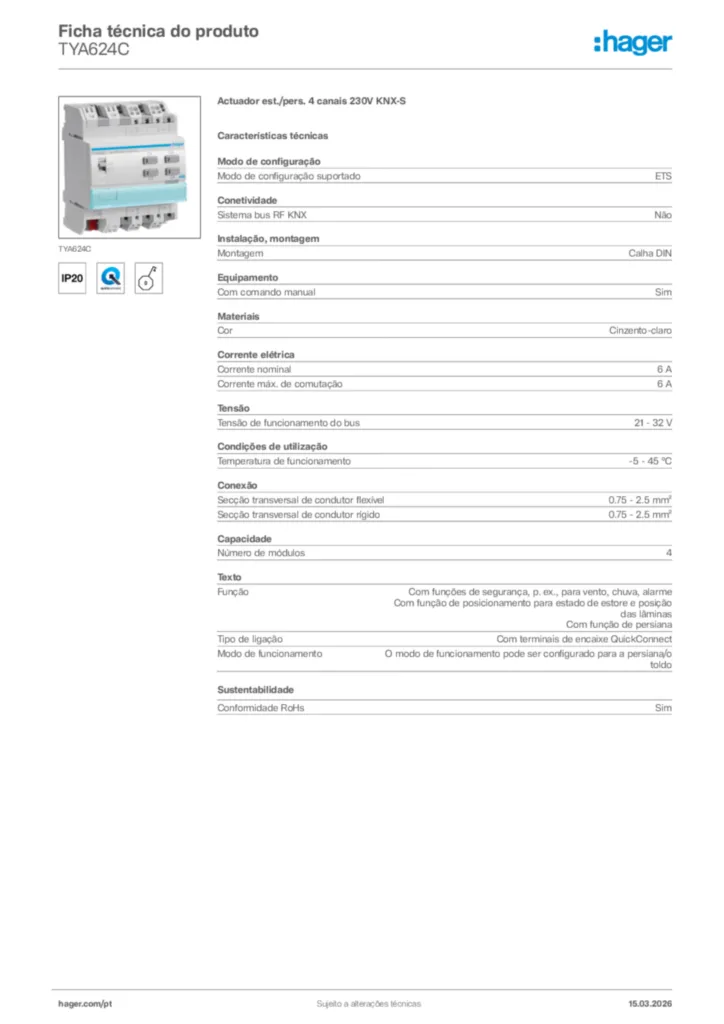 Imagem Hager Ficha técnica do produto TYA624C | Hager Portugal