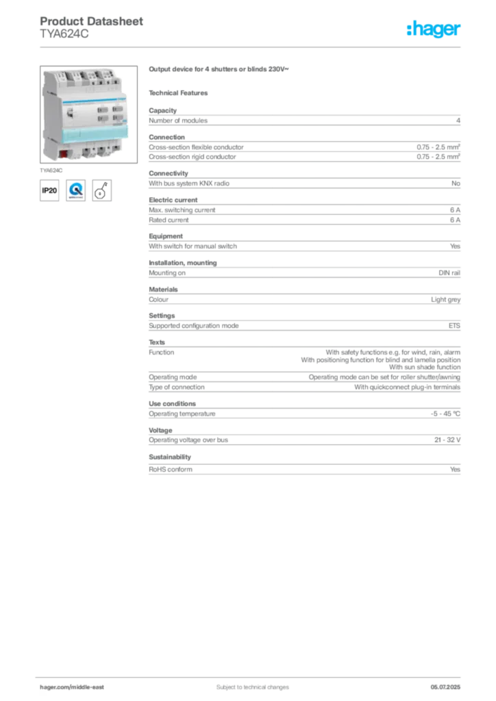 Image Hager Product data sheet TYA624C  | Hager