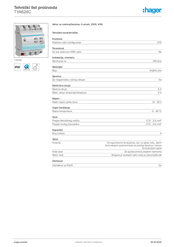 Slika Hager Tehnički list proizvoda TYA624C  | Hager