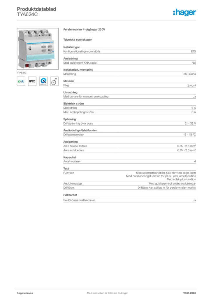 Bild Hager Produktdatablad TYA624C | Hager Sverige