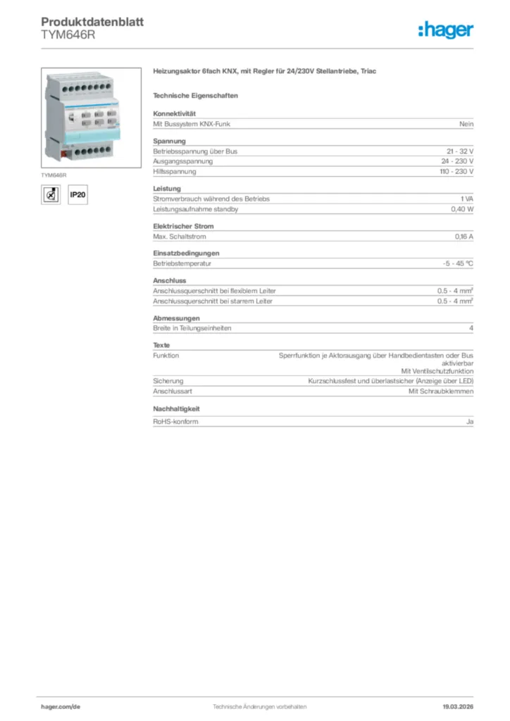 Bild Hager Produktdatenblatt TYM646R | Hager Deutschland