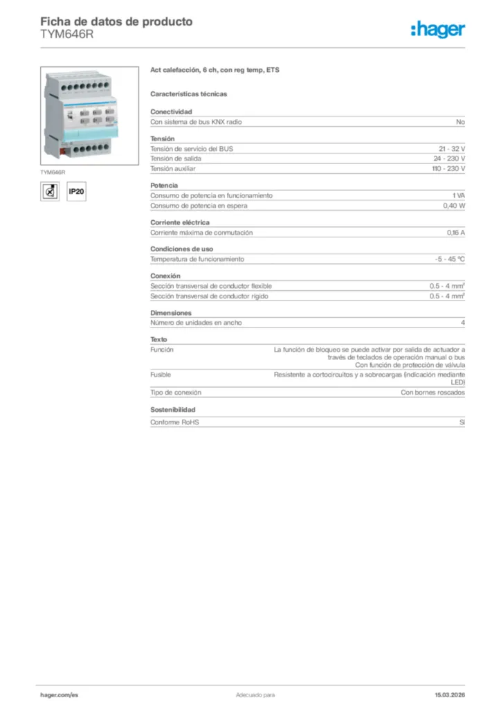 Imagen Hager Ficha de datos de producto TYM646R | Hager España