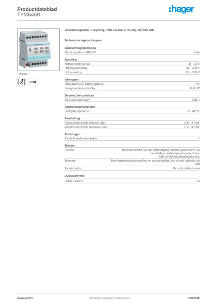 Afbeelding Hager Productdatablad TYM646R | Hager Nederland